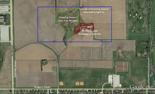 View of Student Hobbyist Flight Location showing its relation to the Intramural Sports Fields. The red area is a no-fly zone (above buildings and vehicles), and only the green area (approx. 8 acres) may be used between planting and harvesting of crops on the surrounding farmland. The blue area (approx. 50 acres) may be used after harvesting and before planting. 